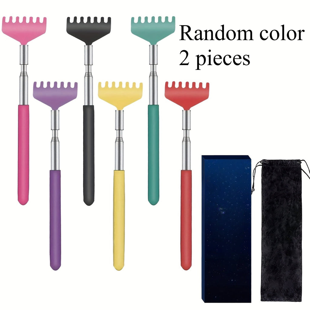 2pcs Retractable Back Scraper - Portable Metal Back Scraper & Hand Massager with Soft Rubber Handle, Ergonomic Design for Thanksgiving, Birthday, Christmas Gifts, Includes Handbag, Back Scratcher for Back, Gift Item, Sleek Metallic Finish, Durable
