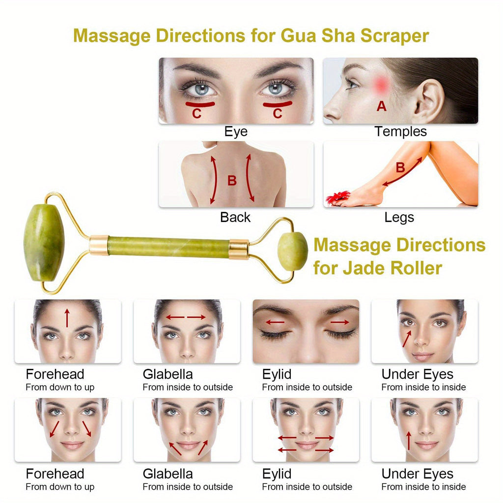 2pcs Natural Jade Stone Scraper, Massager Set, Guasha Scraping Massage Tool Jade Stone Guasha Board, Used for Face, Neck, Arms, Shoulders, Legs Body Care/Boost Radiance of Complexion for Valentine'S Day, Birthday, Christmas Gift