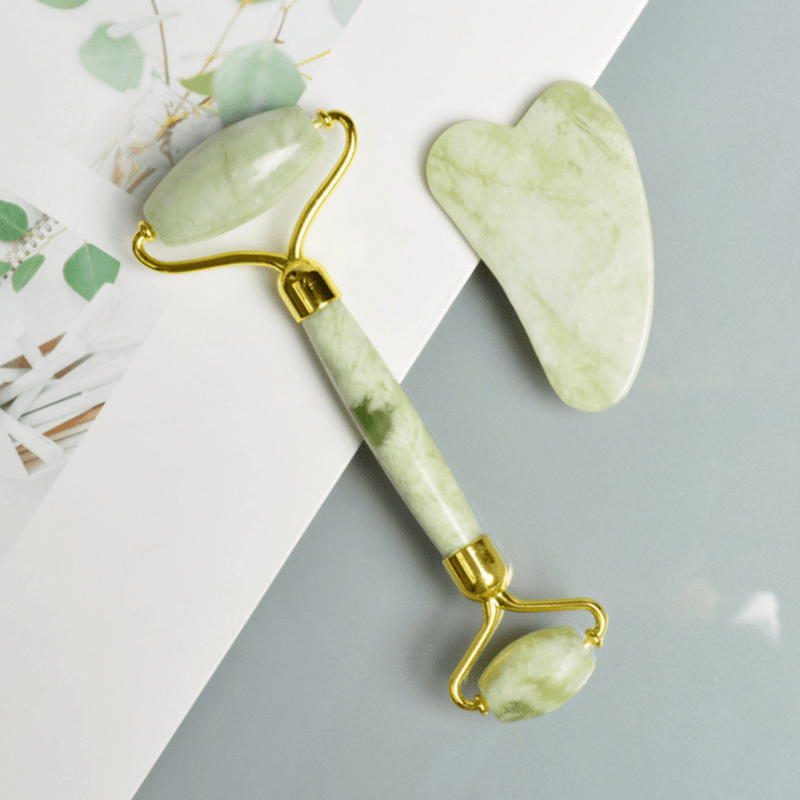2pcs Natural Jade Stone Scraper, Massager Set, Guasha Scraping Massage Tool Jade Stone Guasha Board, Used for Face, Neck, Arms, Shoulders, Legs Body Care/Boost Radiance of Complexion for Valentine'S Day, Birthday, Christmas Gift