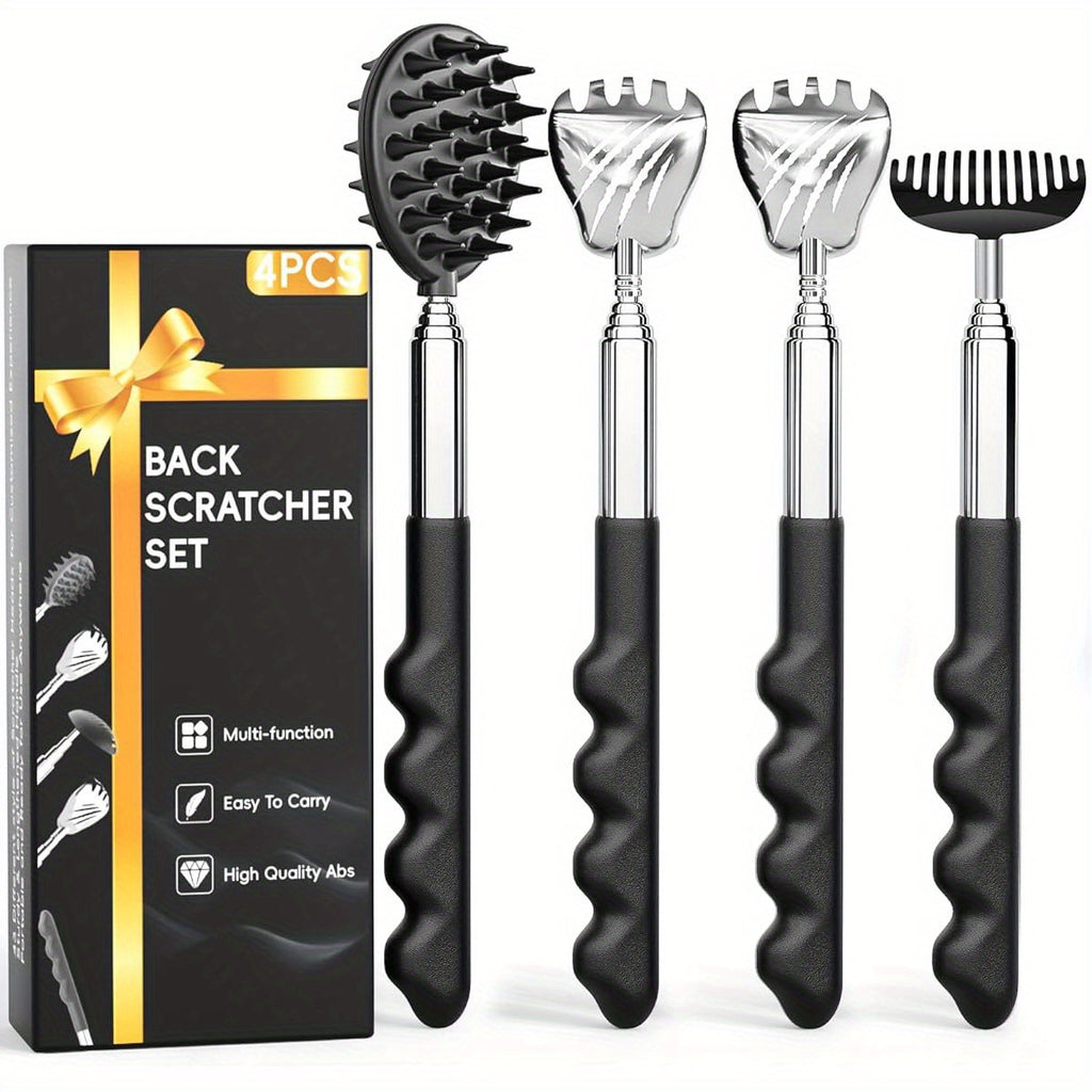 4pcs Versatile Back Scratcher, hers Day Dad Gifts for Men, Portable Telescoping Backscratcher Massager Tool with Different Heads and Rubber Handle, Cool Items Tools Ideas Gadgets for Men