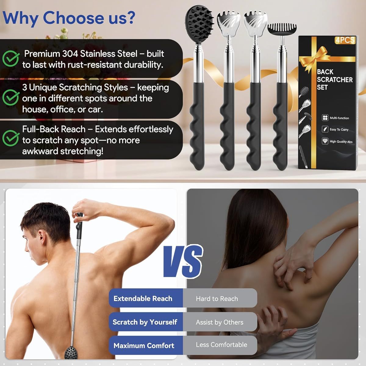 4pcs Versatile Back Scratcher, hers Day Dad Gifts for Men, Portable Telescoping Backscratcher Massager Tool with Different Heads and Rubber Handle, Cool Items Tools Ideas Gadgets for Men