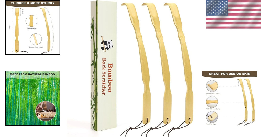 3 Pack Bamboo Back Scratchers with Long Curved Handle - Ideal for Relaxation