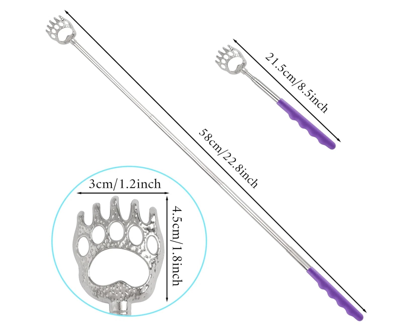 4x Back Scratcher Metal Extendable Claw Portable Bear Rake Telescopic Handle