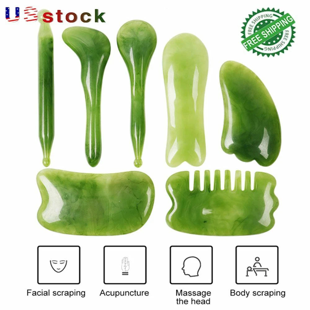 7PCS Gua Sha Natural Resin Quartz Stone Shape Facial Body Massage Board Tool Set