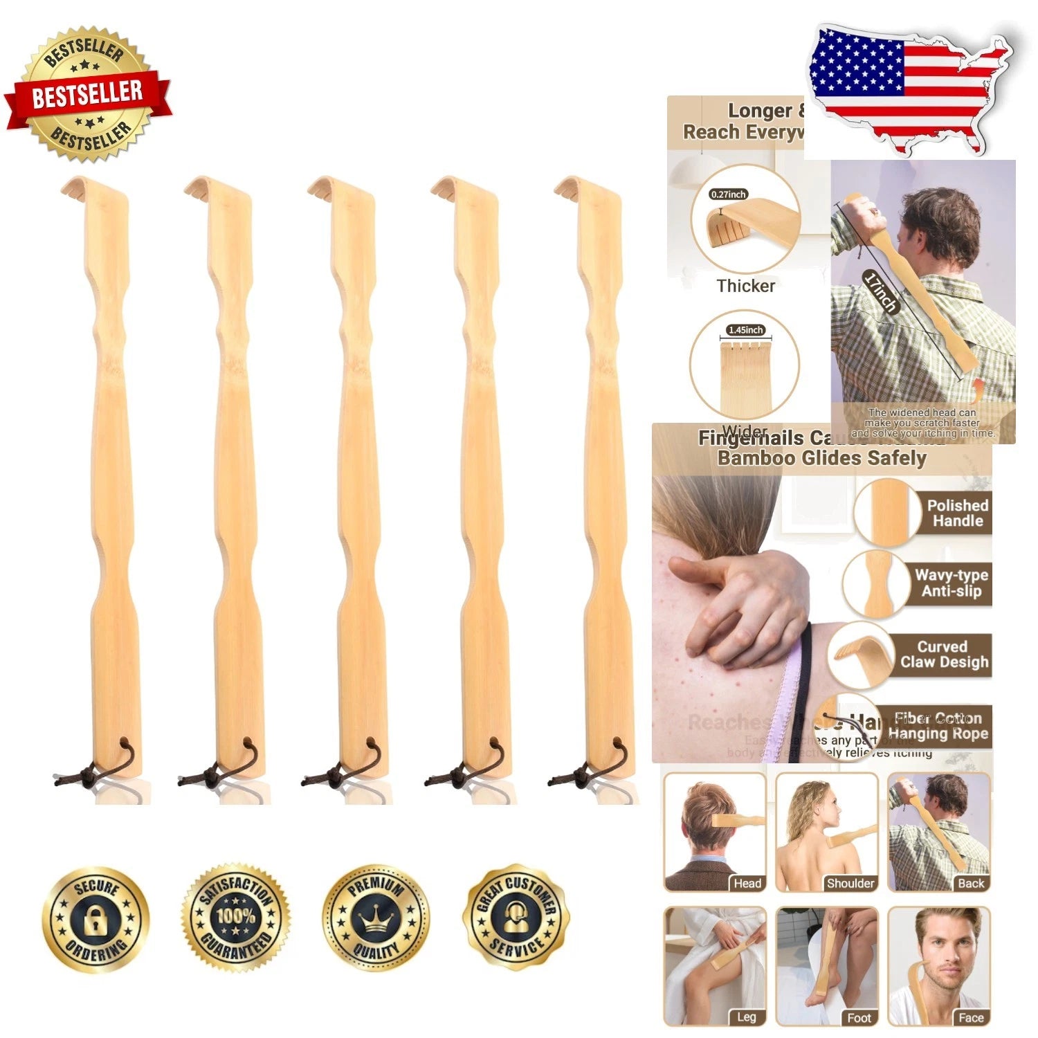 Luxury Handmade Bamboo Back Massager - 17" Relaxation Tool for Men and Women