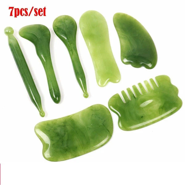 7PCS Gua Sha Natural Resin Quartz Stone Shape Facial Body Massage Board Tool Set
