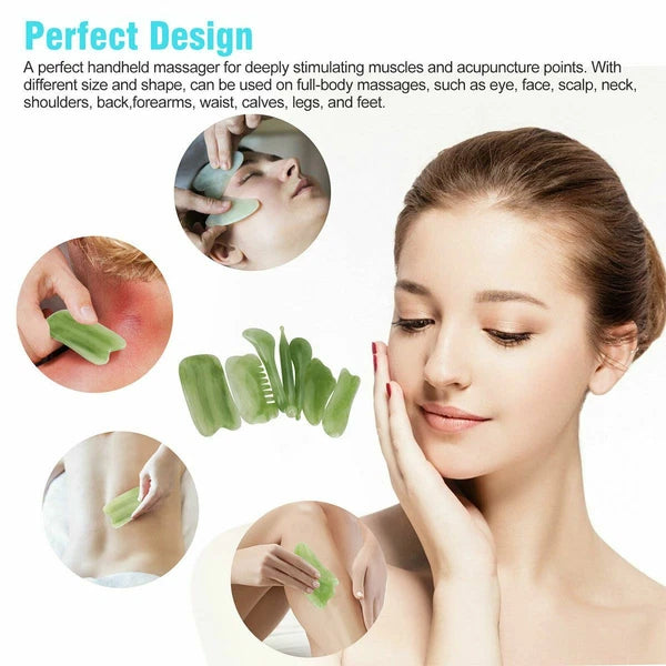 7PCS Gua Sha Natural Resin Quartz Stone Shape Facial Body Massage Board Tool Set