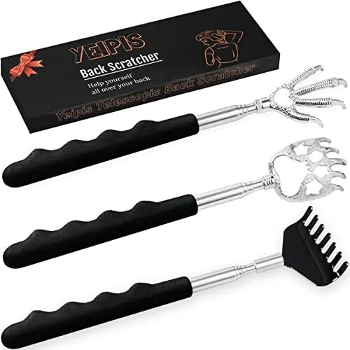 3Pk Telescoping Back Scratchers Extendable Back Massager Tool with Rubber Handle