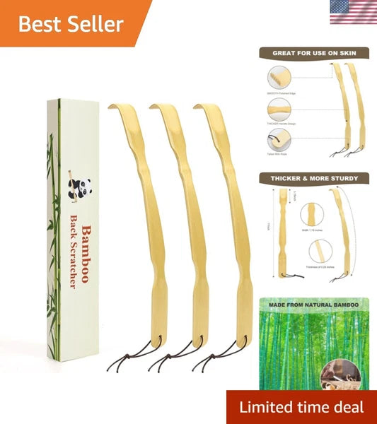 3 Pack Bamboo Back Scratchers with Long Curved Handle - Ideal for Relaxation