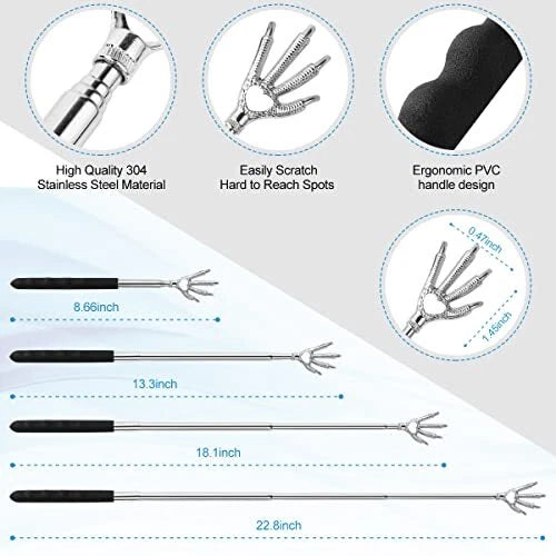 3Pk Telescoping Back Scratchers Extendable Back Massager Tool with Rubber Handle