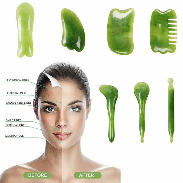 7Pcs Gua Sha Set Natural Resin Quartz Stone Shape Facial Body Massage Board Tool